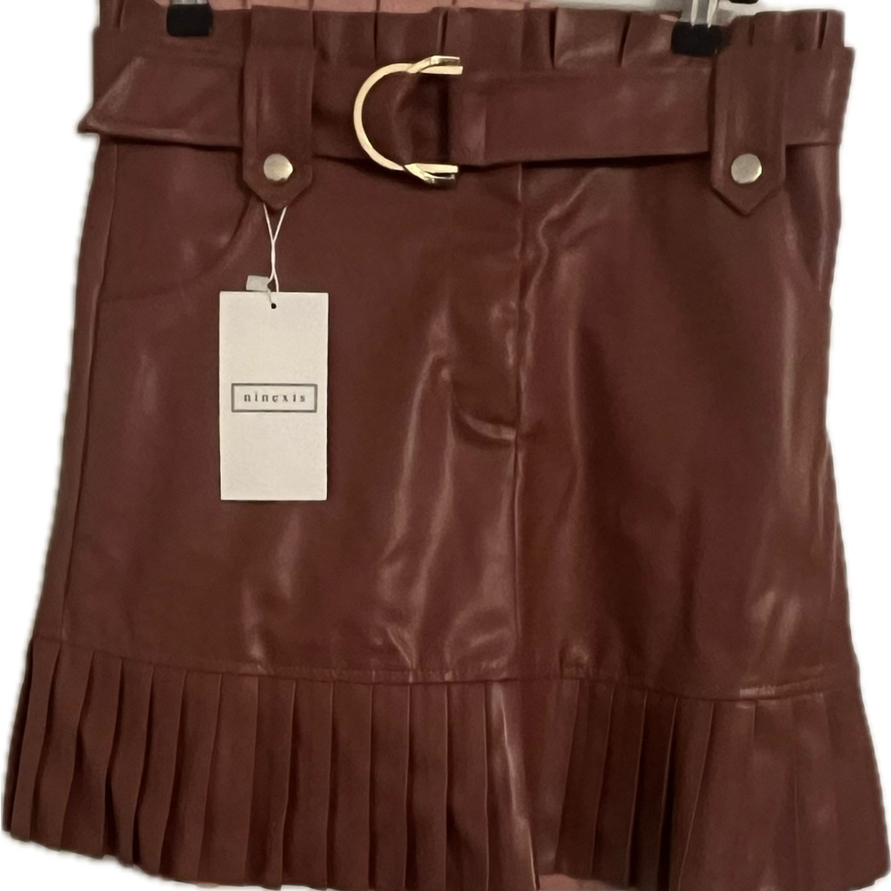 Brown Belted Vegan Leather Mini Skirt Medium